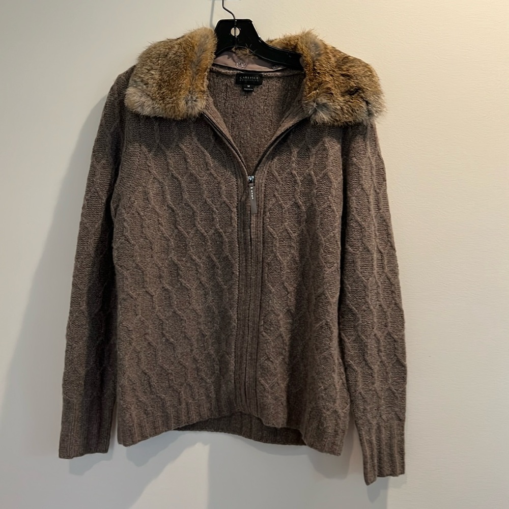 Wool and cashmere cable knit sweater with removable real rabbit fur collar